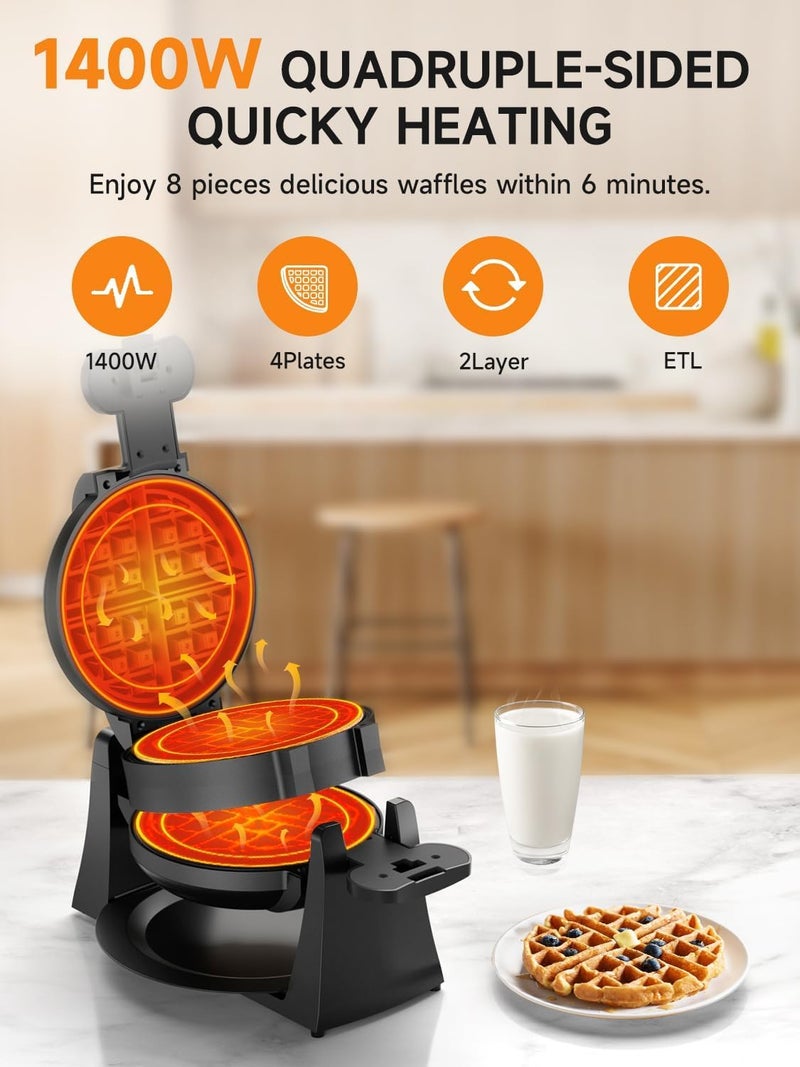 celahapy Waffle Maker, 1400W Double Belgian Waffle Iron 180° Flip, 8 Slices, Rotating & Nonstick Plates, Removable Drip Tray for Easy Cleaning, Cool Touch Handles, Space Saving Storage, Black - Image 3